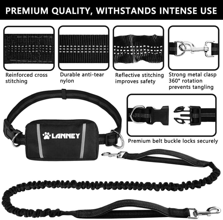 Correa para perro manos libres, correa de cintura para correr con cremallera, bolsa para caminar para perros medianos y grandes, doble asa y bungee retráctil para entrenamiento, trote, senderismo - imagen 2