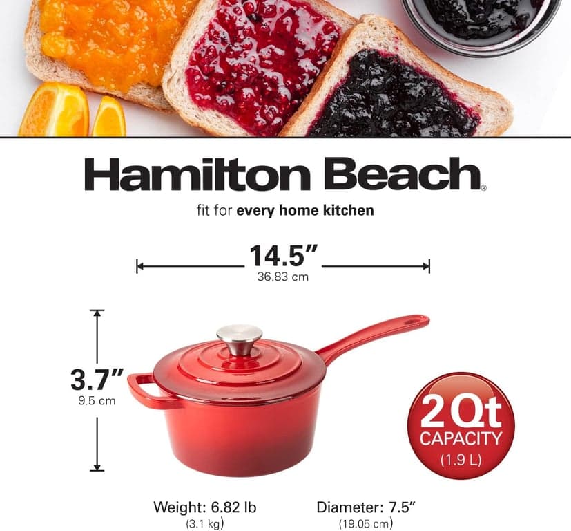 Hamilton Beach Olla para salsa de hierro fundido esmaltado de 2 cuartos, rojo, revestimiento de esmalte crema, olla para estufa y horno, distribución uniforme del calor, segura hasta 400 grados, duradera - imagen 5
