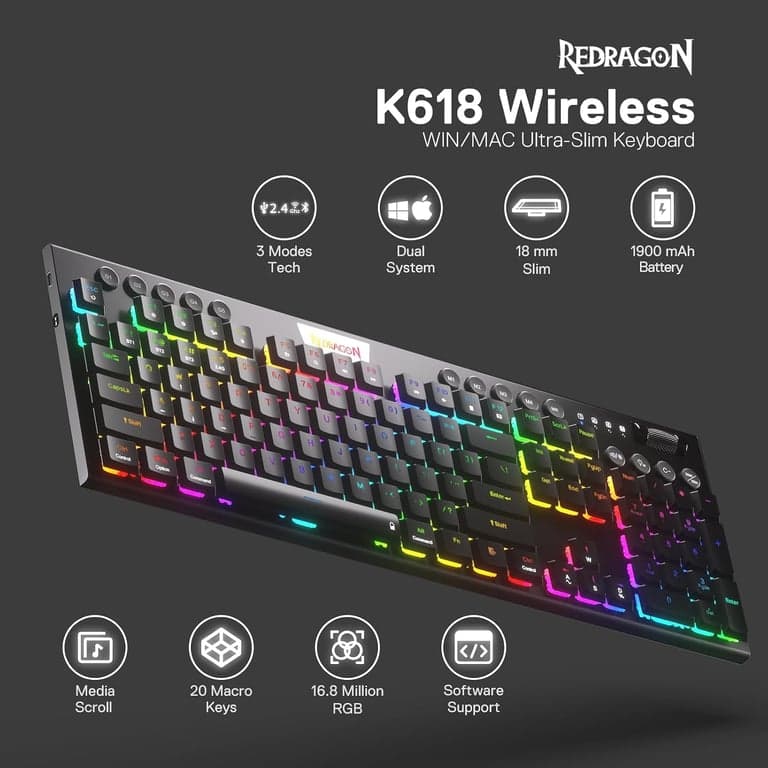 Teclado inalámbrico ultra-delgado para juegos Redragon K618 PRO, Macro y Desplazamiento de Medios - vista alternativa