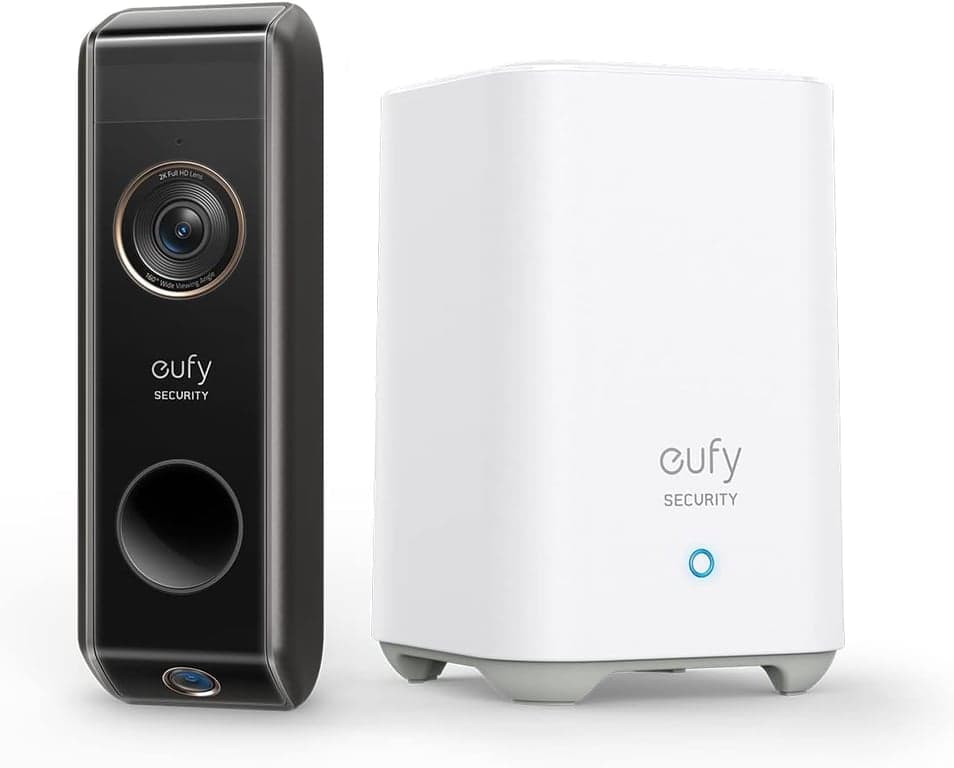 eufy Security Video Doorbell Dual Camera (funciona con baterías) con HomeBase, cámara de timbre inalámbrica, detección dual de movimiento y paquetes, HD 2K, sin tarifa mensual, almacenamiento local de 16 GB (renovado)