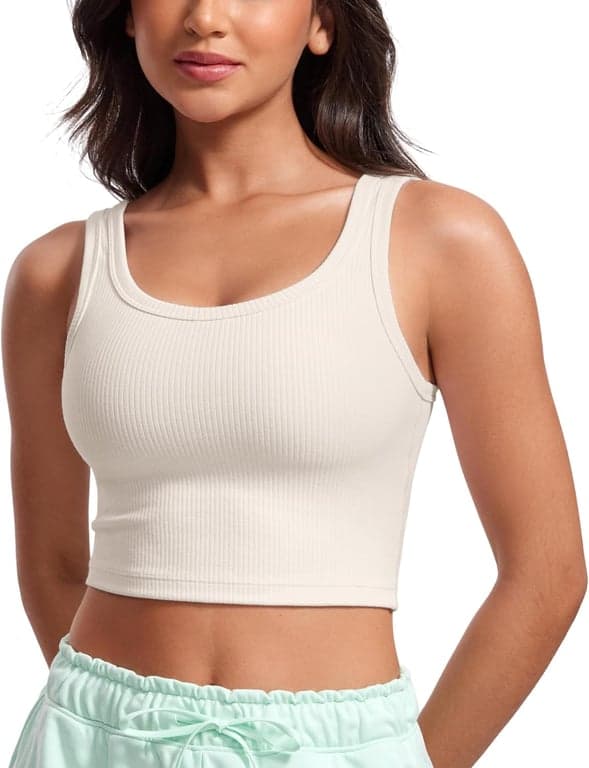 CRZ YOGA Ribbed U Neck Crop Tank Tops | Sostén Incorporado, Soporte Medio, Almohadillas Removibles, Casual, Tirantes Anchos, Brasieres Deportivos Largos para Mujer