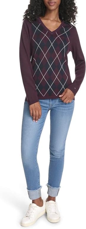 Suéter Tommy Hilfiger de algodón con cuello en V y manga larga para mujer - vista alternativa