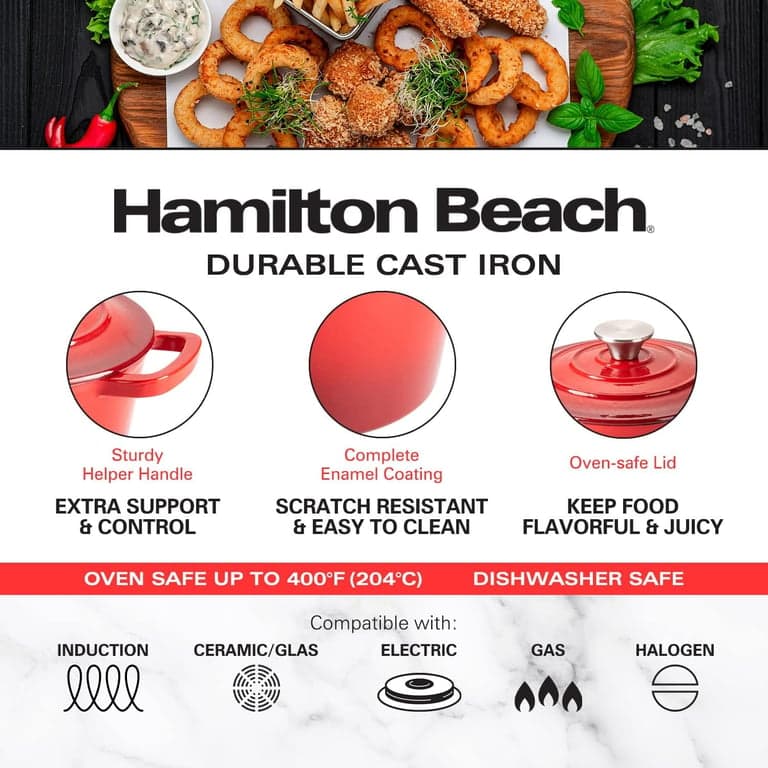 Hamilton Beach Olla para salsa de hierro fundido esmaltado de 2 cuartos, rojo, revestimiento de esmalte crema, olla para estufa y horno, distribución uniforme del calor, segura hasta 400 grados, duradera - imagen 2