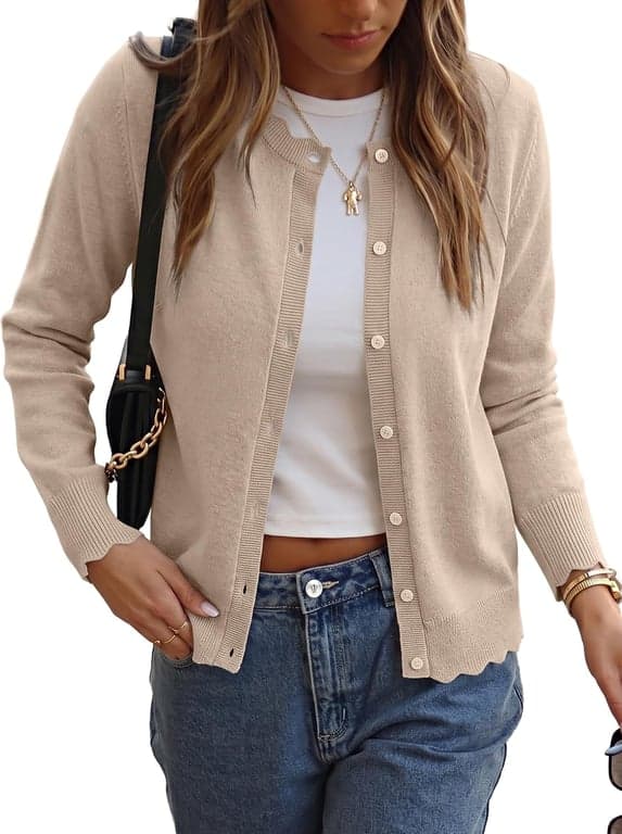 Suéteres tipo cárdigan ligeros con botones para mujer ANRABESS | Cuello redondo manga larga ribete festoneado, tejido suave de verano, atuendos casuales de negocios para el trabajo, salidas de viaje de moda de otoño 2026