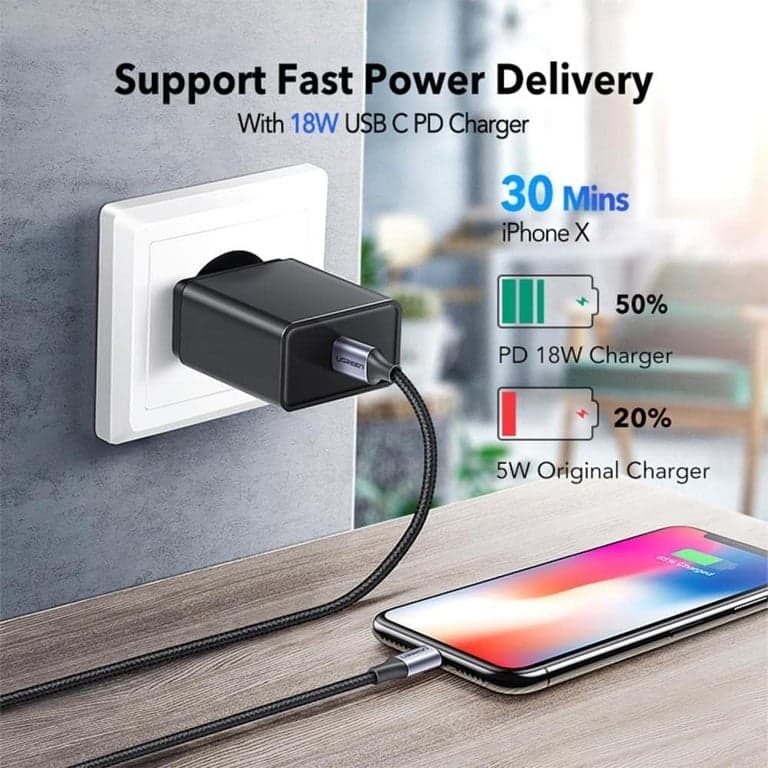 UGREEN Cable USB-C a Lightning, Certificado MFi, Compatible con PD, 3.3 ft (1 m), Carga Rápida, Lightning, Resistente, Trenzado de Nylon, con Varios iPhones y iPads, Plateado - vista alternativa