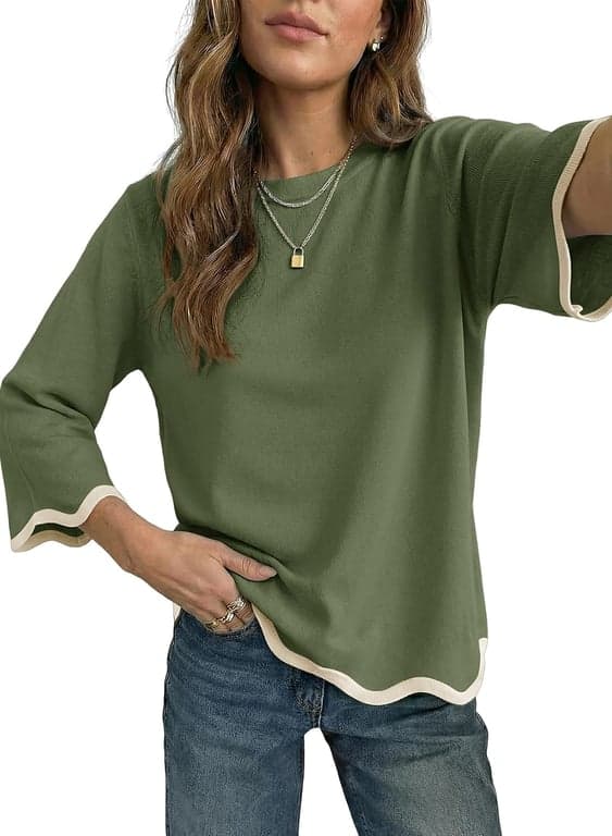 Suéteres Dokotoo para mujer, manga 3/4, cuello redondo, tops casuales de lana 2026 | Suéter de punto para verano y otoño, suéteres de bloques de color, blusas suaves de moda ligera, camisas básicas para viajes, atuendos diarios de calle