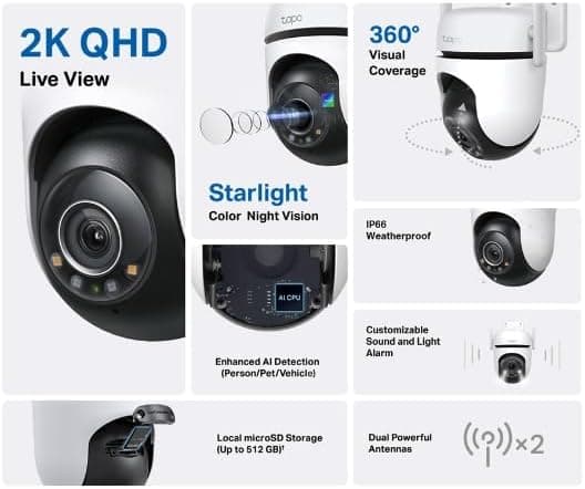 TP-Link Tapo 2K QHD Cámara de Seguridad Wi-Fi Exterior Panorámica/Inclinación, Vista 360°, Seguimiento de Movimiento, Visión Nocturna a Color, Detección Gratuita de Personas/Vehículos/Movimiento, Almacenamiento en la Nube y Tarjeta SD, Grabación 24/7, C520WS… - imagen 2