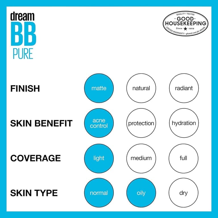 Maybelline Dream Pure Skin Clearing BB Cream, Bálsamo de Belleza Perfeccionador de Piel 8 en 1 con 2% de Ácido Salicílico, Cobertura Traslúcida, Libre de Aceite, Tono Oscuro, 1 Unidad - imagen 5