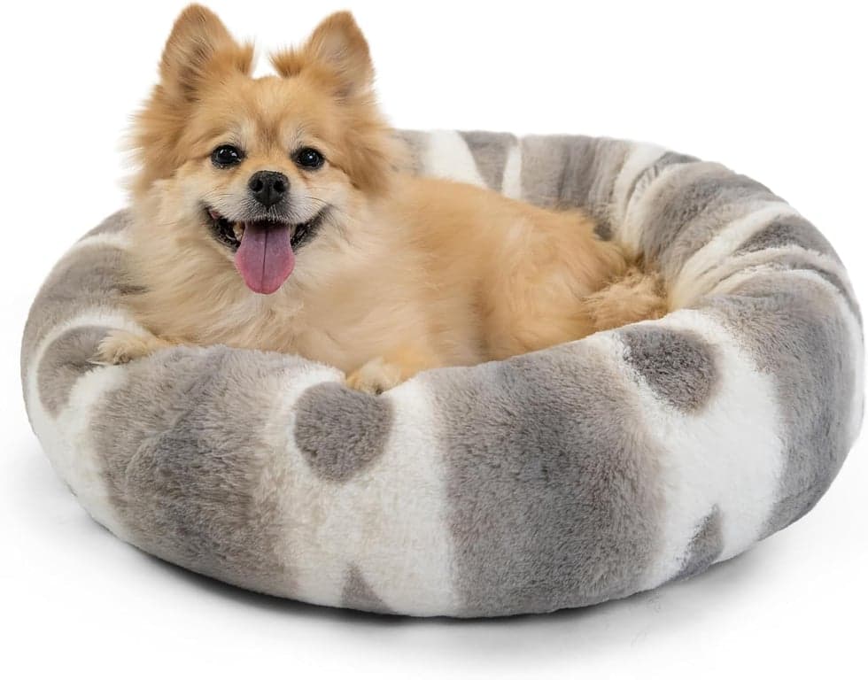 Cama para perro tipo dona relajante de piel sintética de lujo con estampado Best Friends by Sheri, gris, pequeña, 23x23