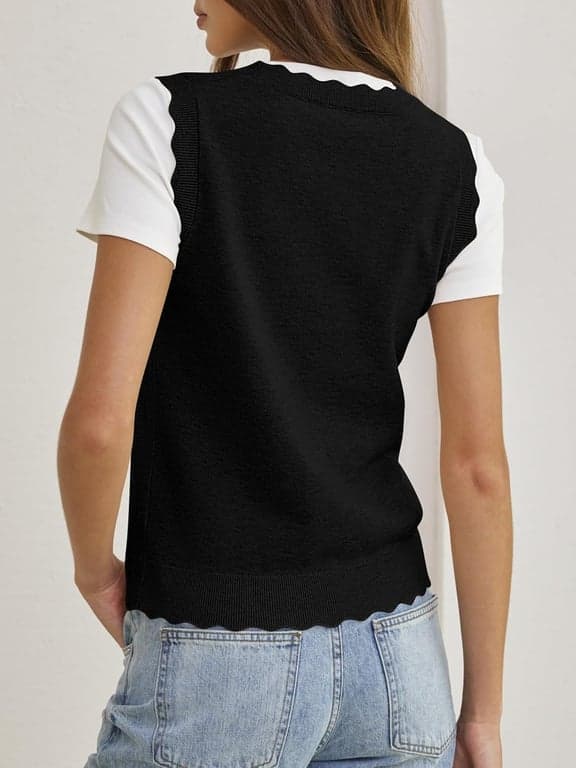 ANRABESS Chaleco de suéter de punto festoneado sin mangas para mujer | Camisetas sin mangas, mezcla suave, cuello redondo, dobladillo ondulado, ajuste regular, estilo preppy Y2K, ligero verano otoño 2026, casual chic - imagen 4