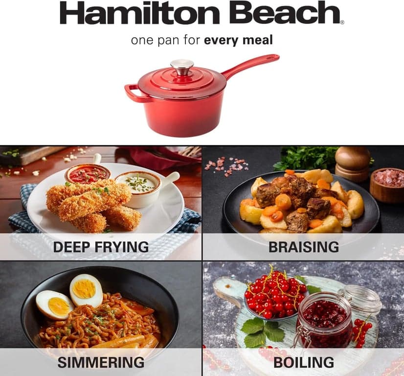 Hamilton Beach Olla para salsa de hierro fundido esmaltado de 2 cuartos, rojo, revestimiento de esmalte crema, olla para estufa y horno, distribución uniforme del calor, segura hasta 400 grados, duradera - imagen 6