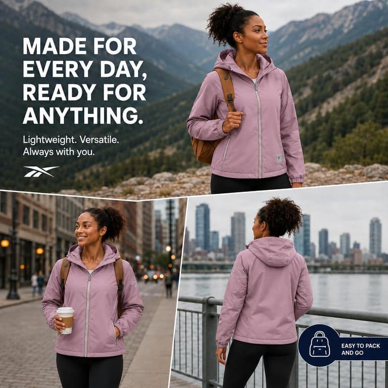 Reebok Womens Rain Jacket - Lightweight Full-Zip Coat with Hood & Pockets | Smooth Water-Resistant Woven Shell Blocks Wind & Drizzle, Breathable Layering for Commutes, Travel or Everyday Outdoor Wear - imagen 5