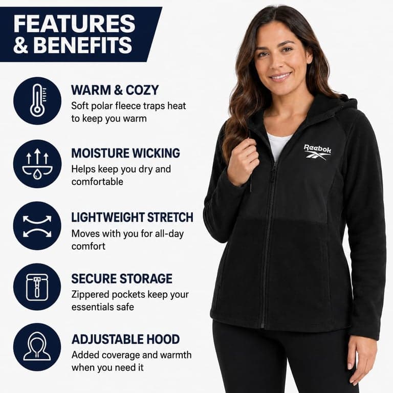 Reebok Womens Fleece Jacket Lightweight Zip-Up Hooded Winter Coat for Women | Super-Soft Plush Lining Feels Great Against Skin, Versatile for Errands or Outdoor Wear, Easy Layer Into Winter - imagen 4