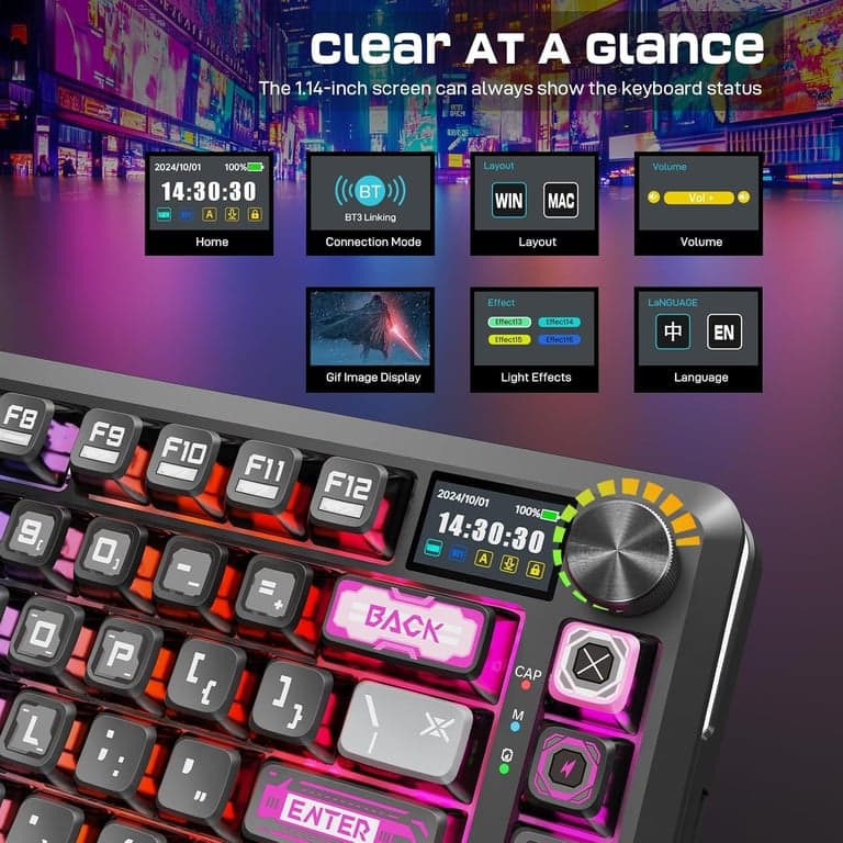 Teclado mecánico inalámbrico Redragon K708 con pantalla, perilla de volumen e interruptores prelubricados - para juegos RGB con junta de tres modos (Bluetooth/2.4G/USB-C), intercambiable en caliente, batería de 4000 mAh para PC, Mac, etc. - vista alternativa