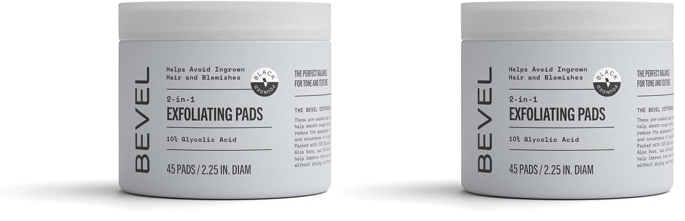 Bevel Almohadillas de tóner con ácido glicólico al 10% para el rostro, ayuda a eliminar las células muertas de la piel y a reducir los vellos encarnados para un tono y textura de piel uniformes (el empaque puede variar), 45 unidades (paquete de 2)