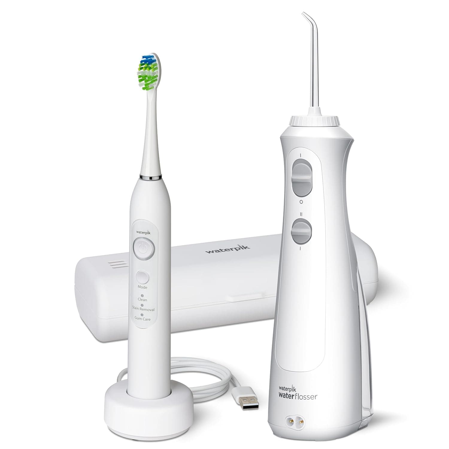 Waterpik Cordless Pearl y Sensonic Cepillo de Dientes Eléctrico Recargable y Combinación de Irrigador Bucal, Cuidado Dental Completo para Dientes, Encías, Frenillos y Viajes – Aceptado por la ADA, Blanco