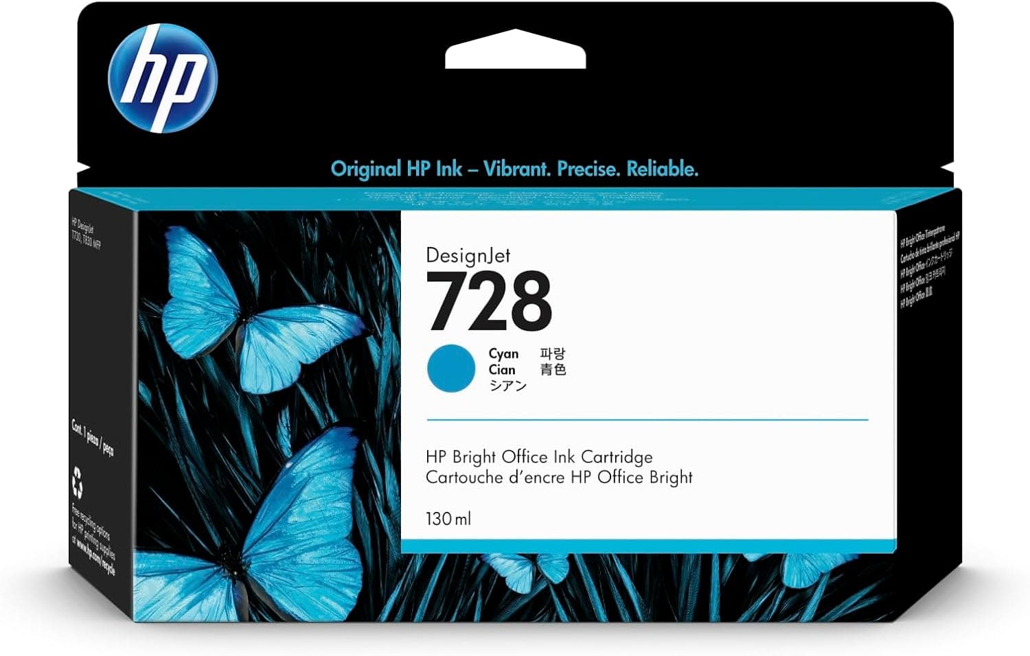 Cartucho de tinta original HP 728 cian de 130 ml (F9J67A) para impresoras de gran formato DesignJet T830 MFP y T730