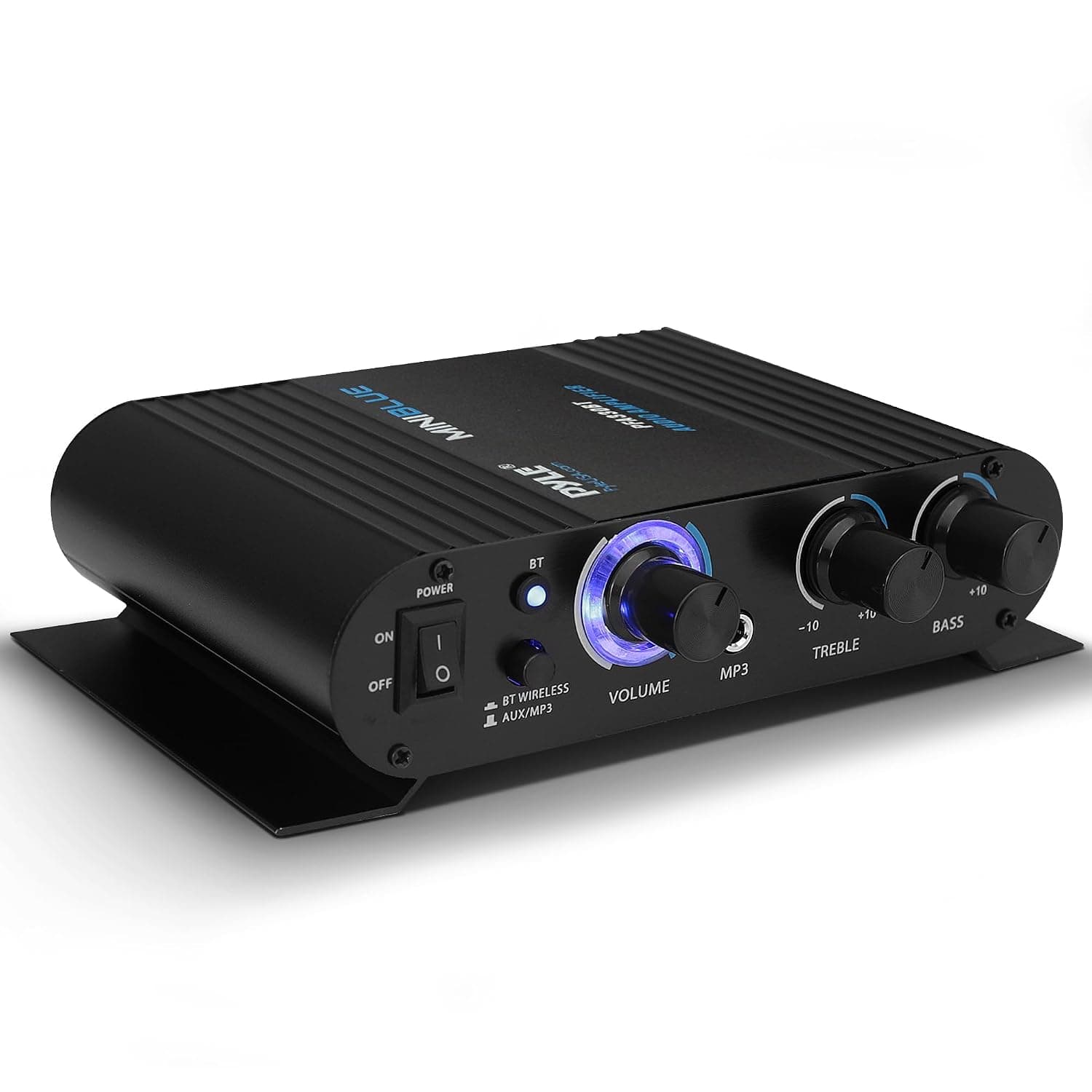 Amplificador de audio para el hogar Pyle inalámbrico Bluetooth - Receptor de sonido estéreo portátil mini de doble canal de 90W con selector de altavoces, RCA, AUX, LED, adaptador de 12V - Para PA de smartphone, uso en estudio - PFA330BT