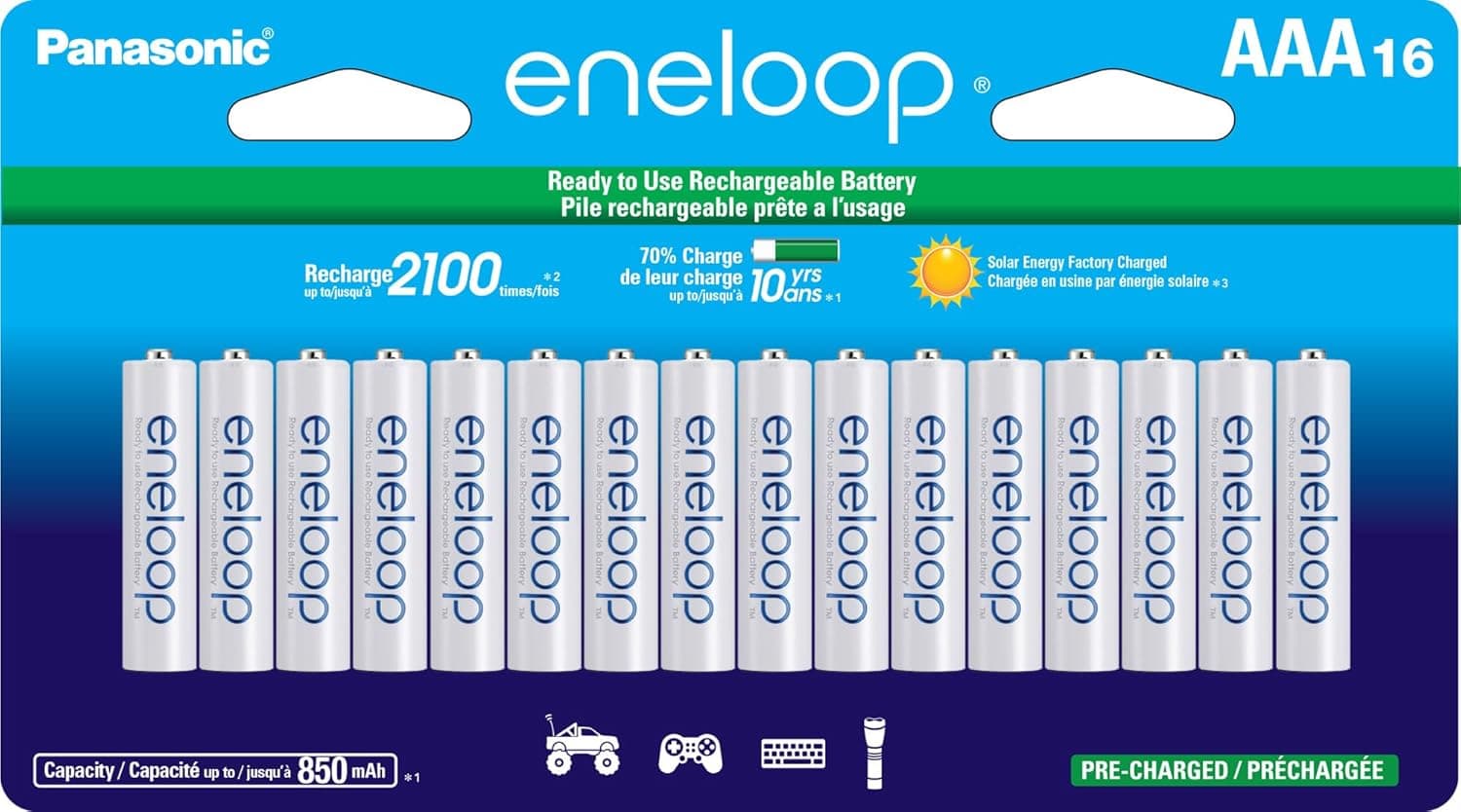 Panasonic BK-4MCCA16FA eneloop AAA 2100 Cycle Ni-MH Baterías Recargables Pre-Cargadas, Paquete de 16