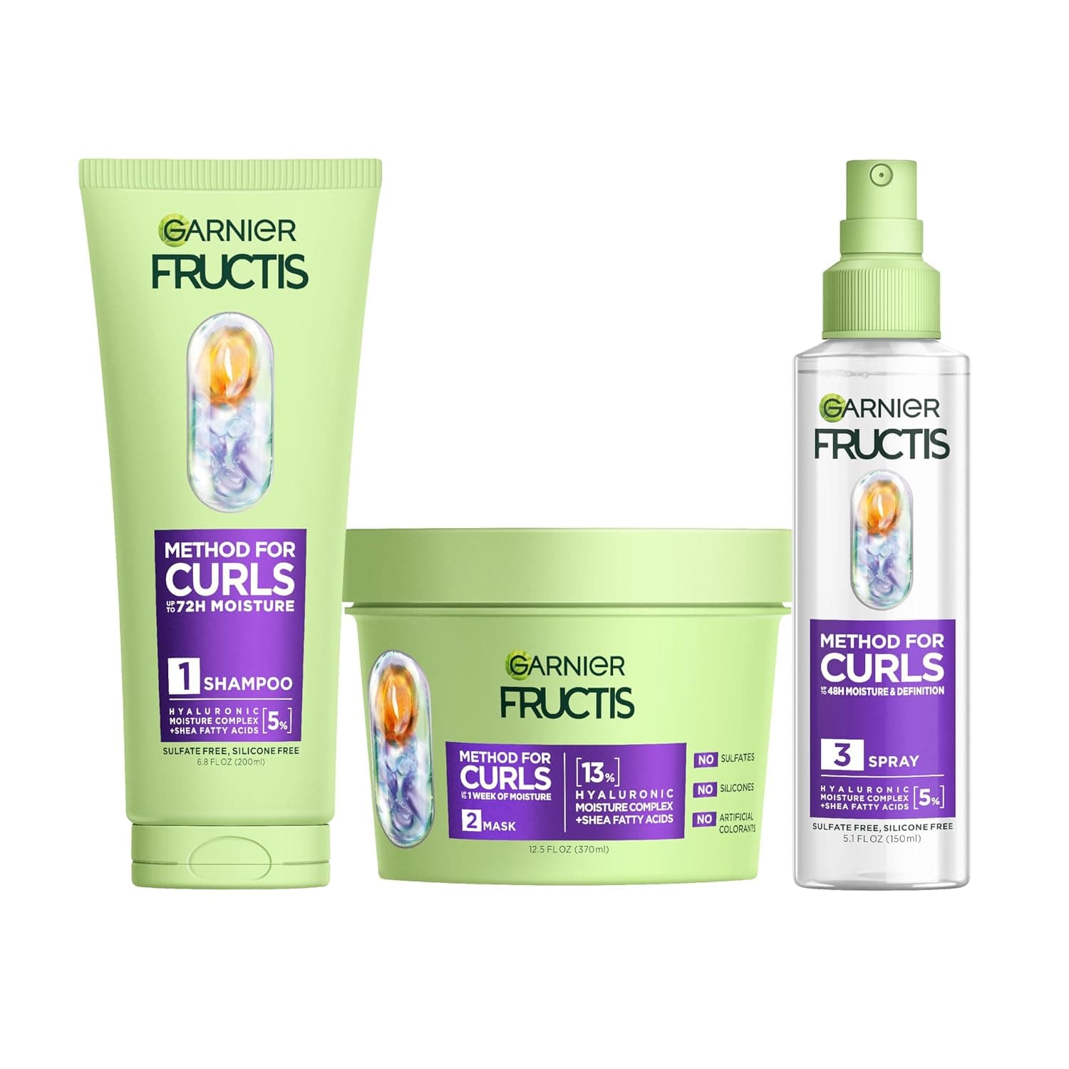 Garnier Fructis Method for Curls Productos para Cabello Rizado, Champú de Relleno de Humedad, Mascarilla Capilar y Spray Refrescante de Rizos, Diseñado y Probado para Rizos y Espirales 2C a 4C, 1 Kit