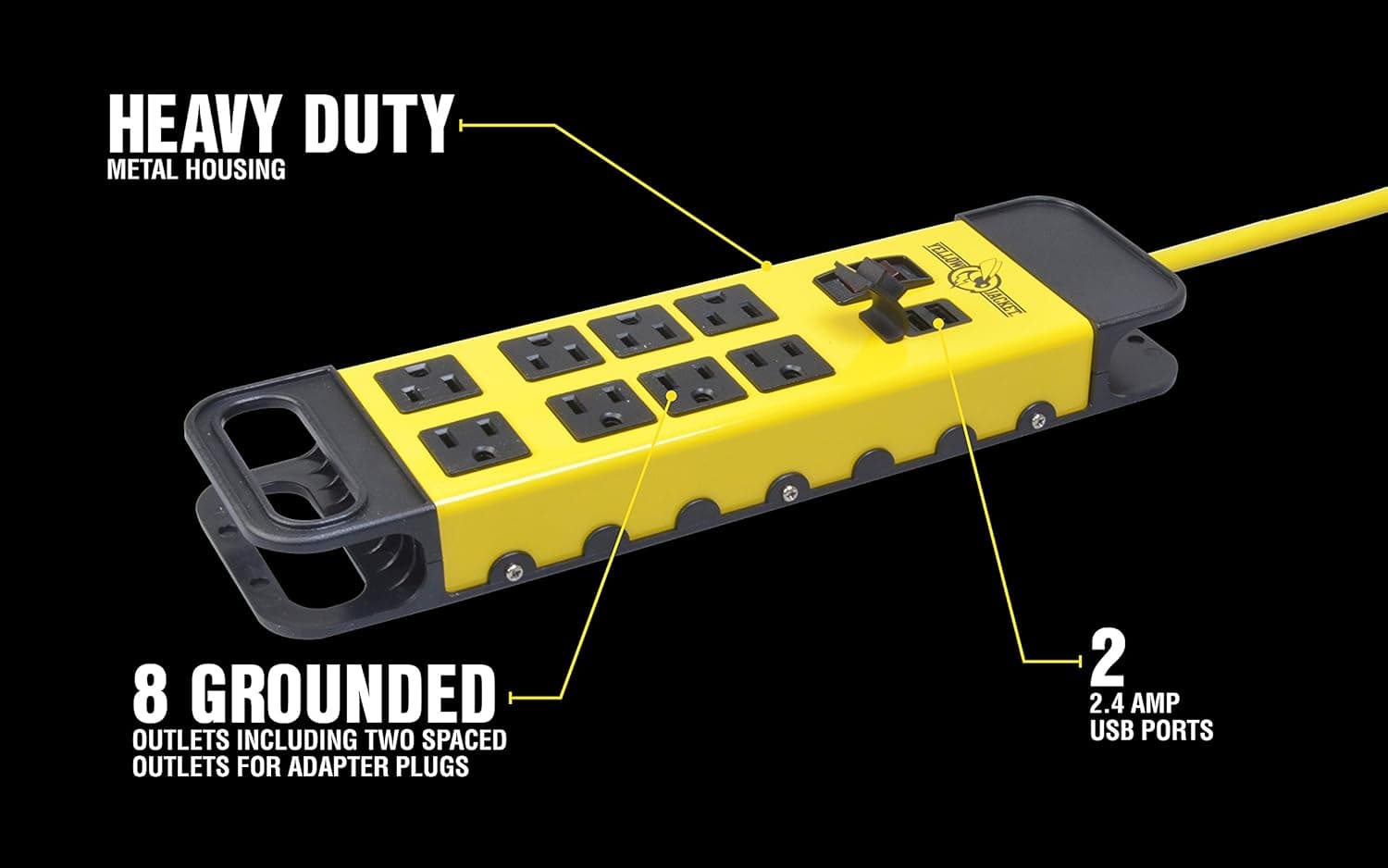 Southwire Yellow Jacket Power Block - Regleta de metal de alta resistencia de 8 tomas - Puertos USB duales para carga rápida - Diseño resistente para taller - Cable amarillo de 6 pies - Construcción duradera de calibre 14 - imagen 7