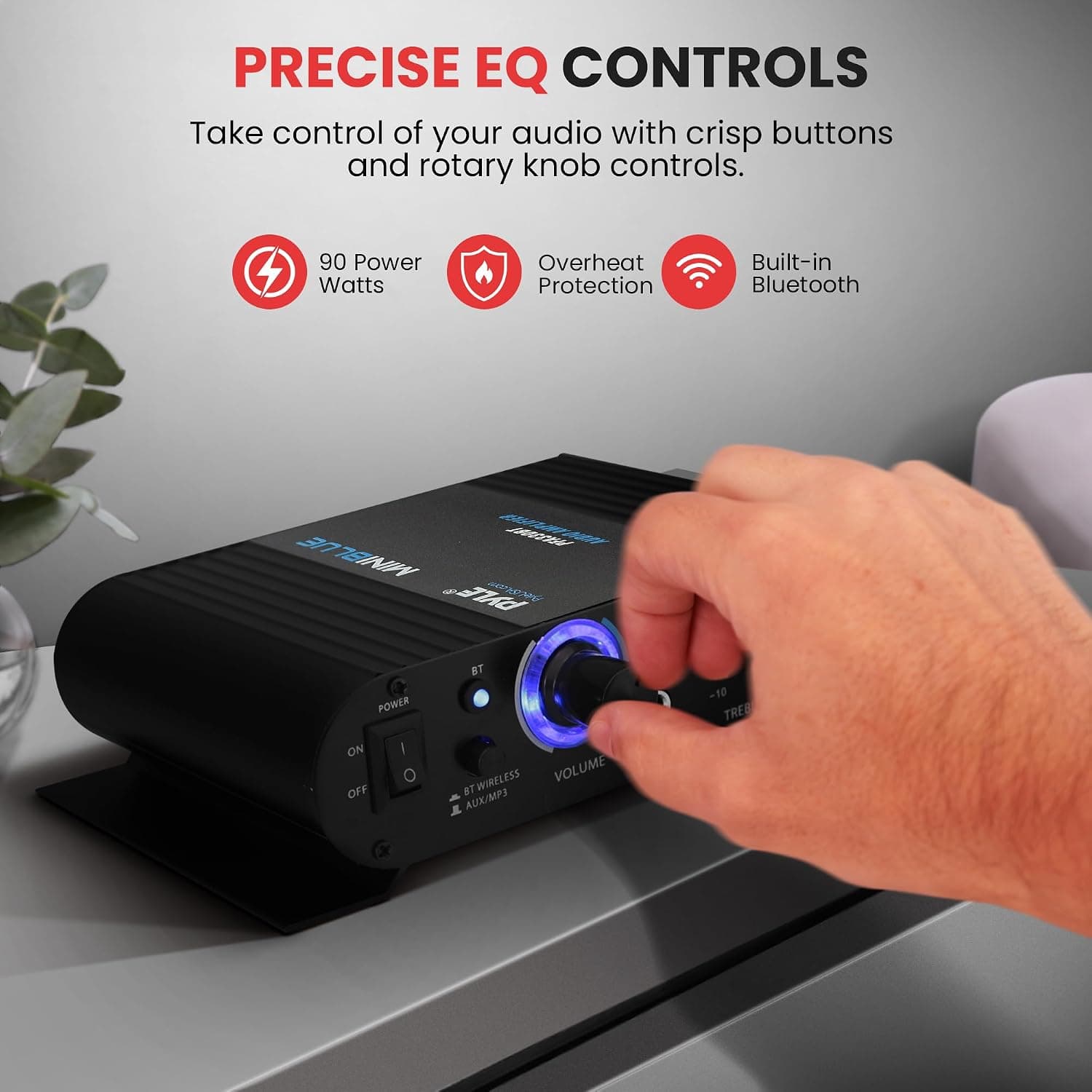 Amplificador de audio para el hogar Pyle inalámbrico Bluetooth - Receptor de sonido estéreo portátil mini de doble canal de 90W con selector de altavoces, RCA, AUX, LED, adaptador de 12V - Para PA de smartphone, uso en estudio - PFA330BT - imagen 3