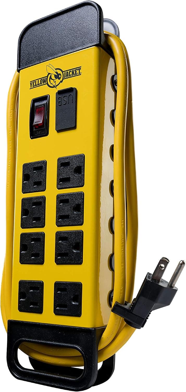 Southwire Yellow Jacket Power Block - Regleta de metal de alta resistencia de 8 tomas - Puertos USB duales para carga rápida - Diseño resistente para taller - Cable amarillo de 6 pies - Construcción duradera de calibre 14