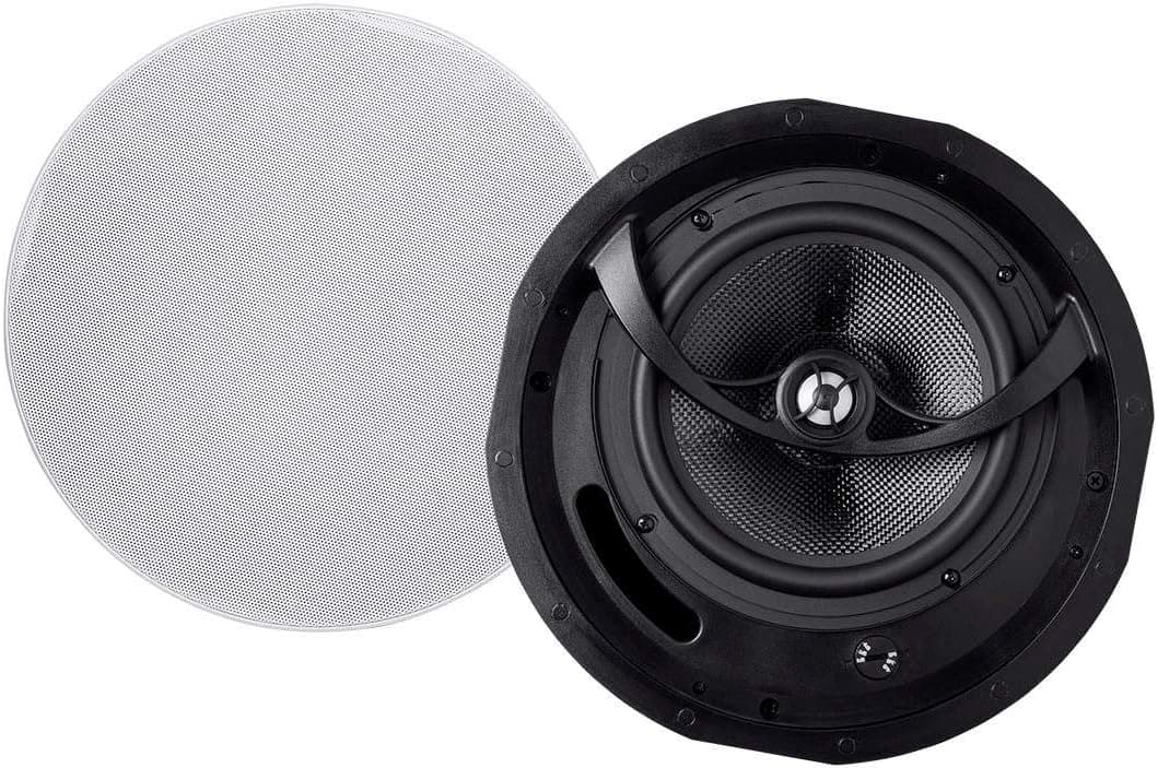 Monoprice Alpha Altavoces de Techo de 2 Vías - 6.5 Pulgadas (Par) Fibra de Carbono, Rejilla Magnética Pintable, Más Sonido con Menos Potencia, No Angulados, 8 Pulgadas, Negro
