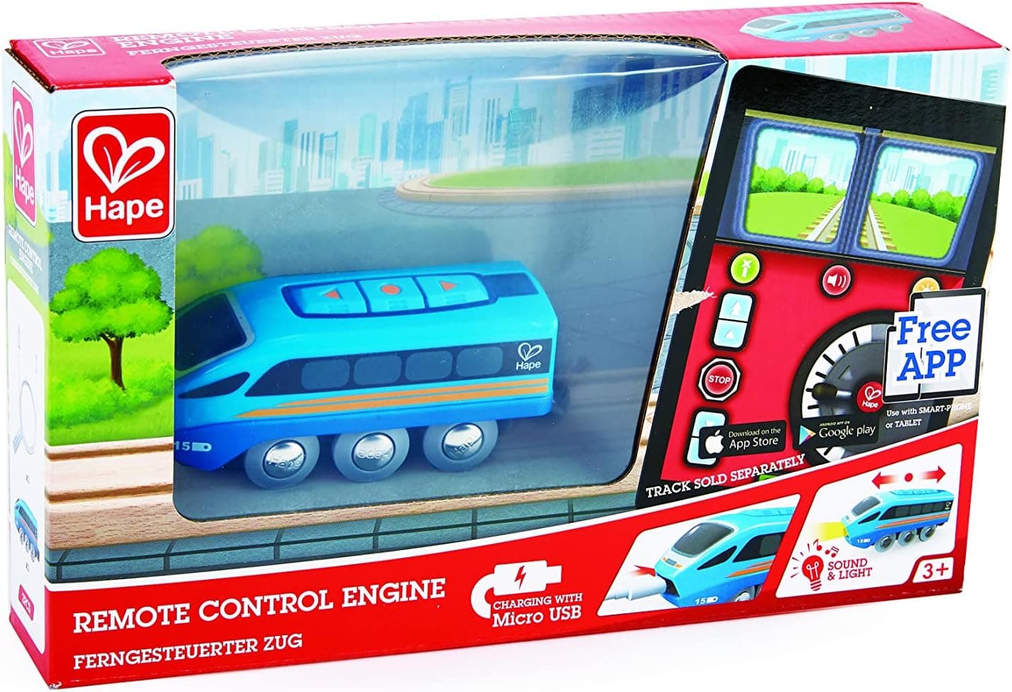 Tren de motor a control remoto Hape | Juguete de ferrocarril para niños, vehículo RC con aplicación o botón con 5 sonidos reproducibles, función de batería recargable, azul - imagen 2