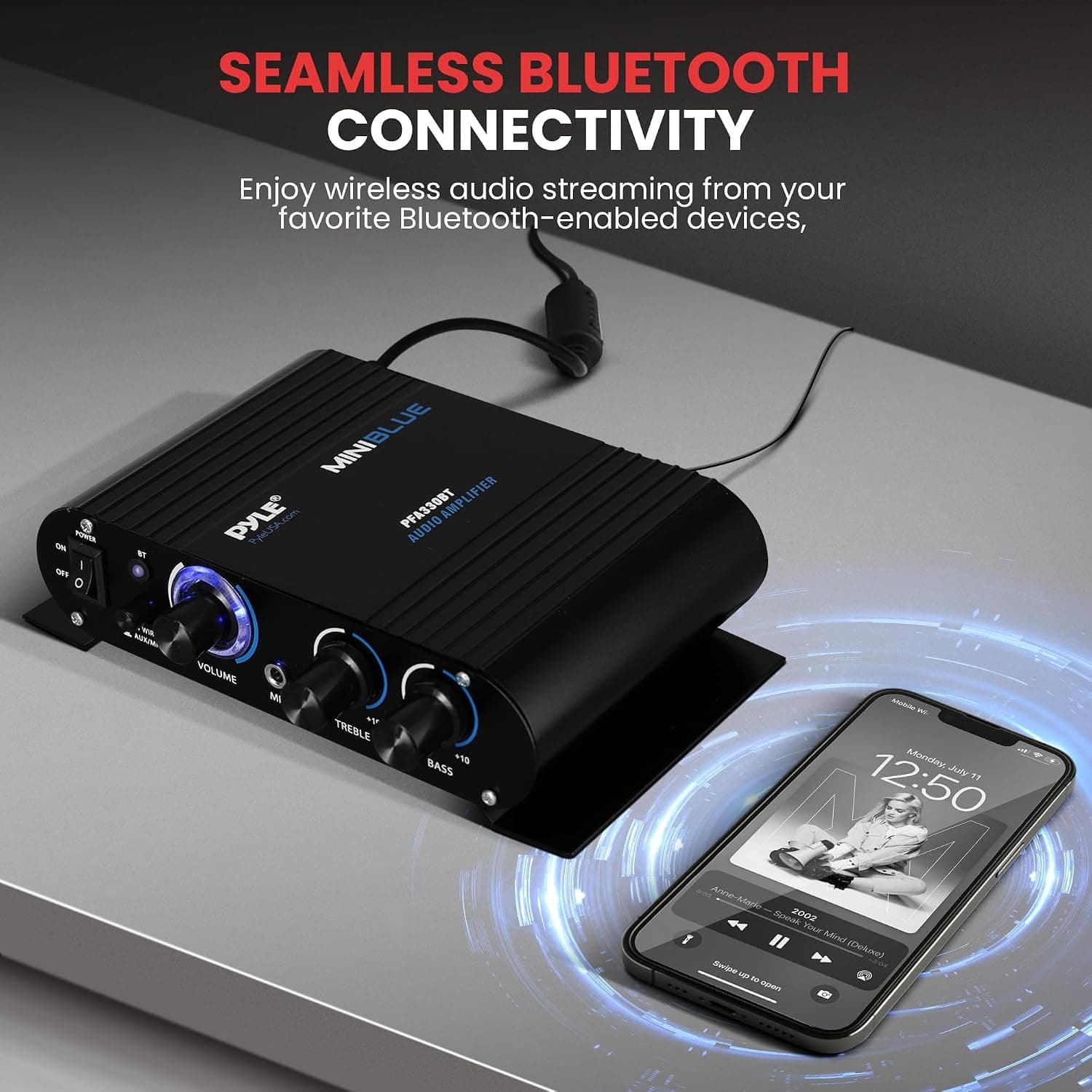 Amplificador de audio para el hogar Pyle inalámbrico Bluetooth - Receptor de sonido estéreo portátil mini de doble canal de 90W con selector de altavoces, RCA, AUX, LED, adaptador de 12V - Para PA de smartphone, uso en estudio - PFA330BT - vista alternativa