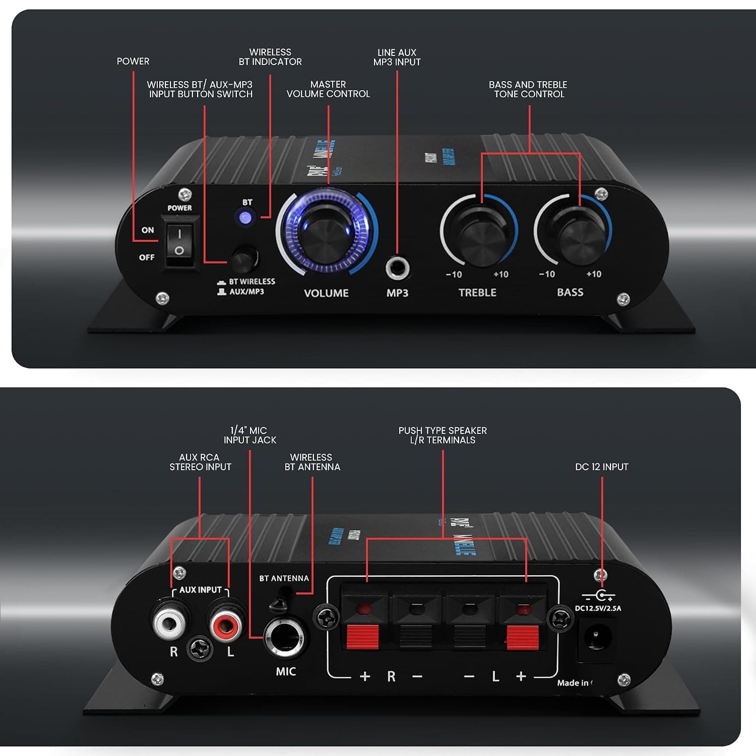 Amplificador de audio para el hogar Pyle inalámbrico Bluetooth - Receptor de sonido estéreo portátil mini de doble canal de 90W con selector de altavoces, RCA, AUX, LED, adaptador de 12V - Para PA de smartphone, uso en estudio - PFA330BT - imagen 4