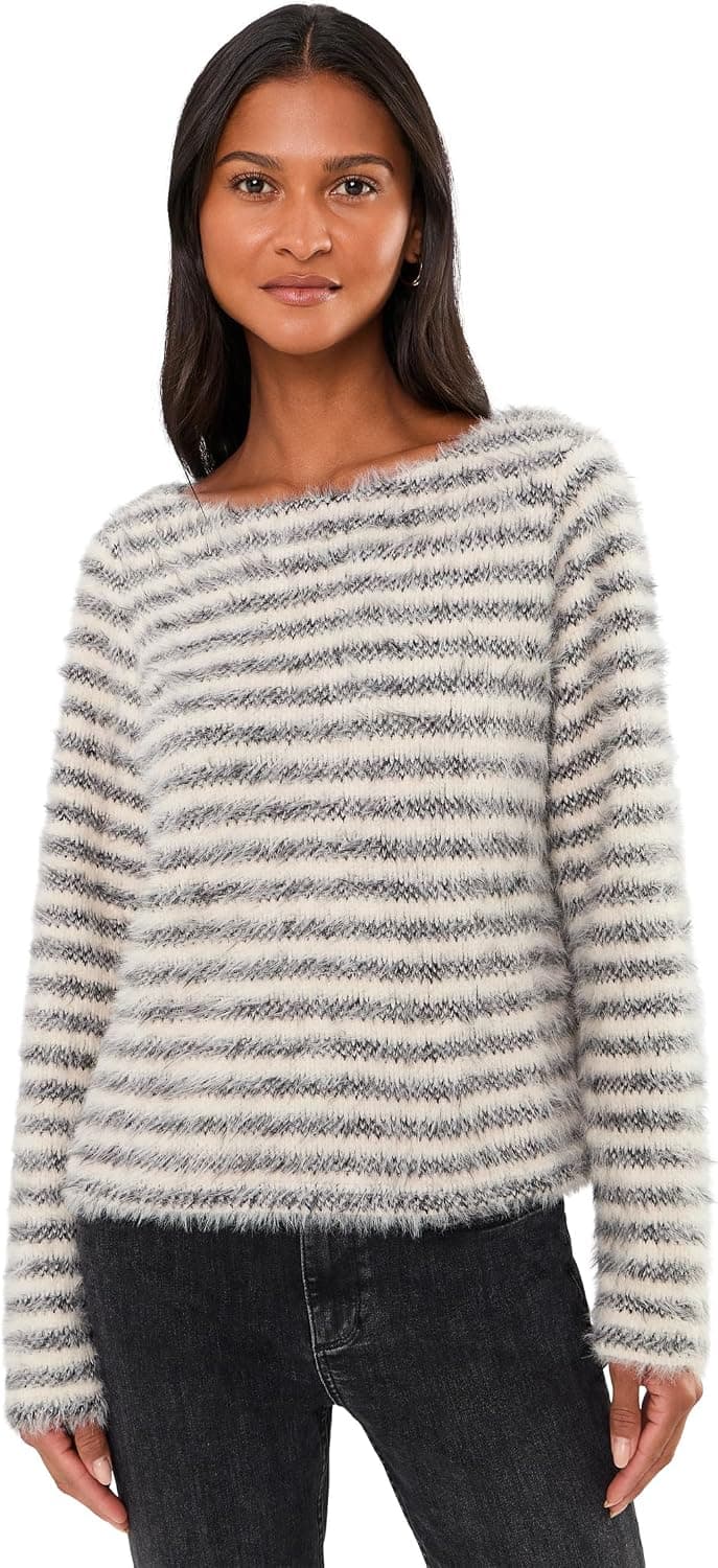 Liverpool Los Angeles Camiseta de punto de manga larga con cuello barco para mujer, rayas crema/negro, talla M