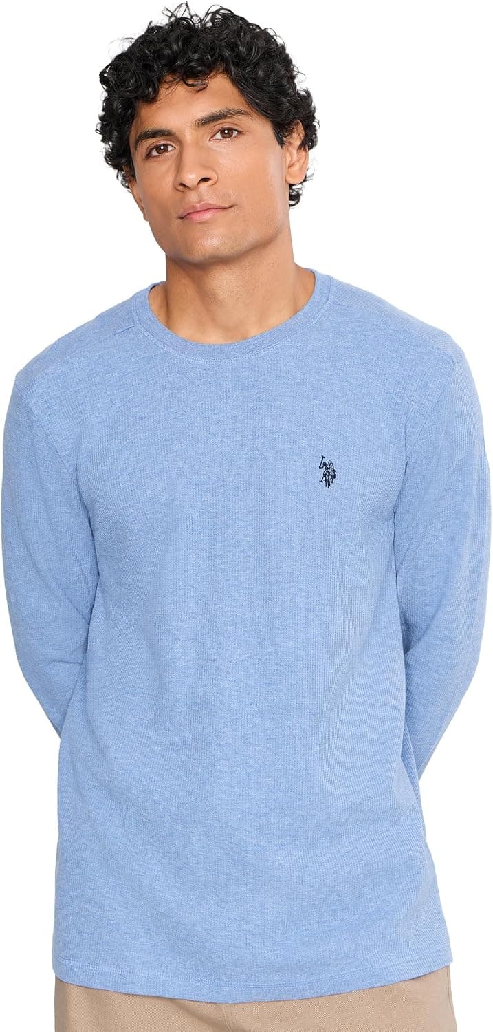 U.S. POLO ASSN. Camiseta térmica de manga larga con cuello redondo para hombre, color azul río jaspeado, talla M