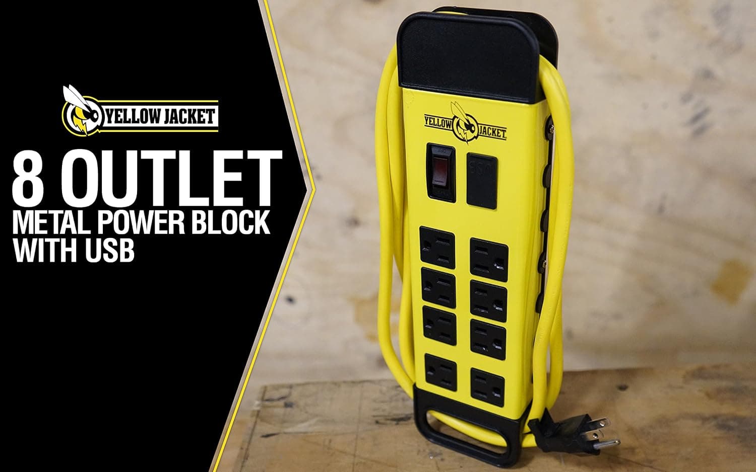 Southwire Yellow Jacket Power Block - Regleta de metal de alta resistencia de 8 tomas - Puertos USB duales para carga rápida - Diseño resistente para taller - Cable amarillo de 6 pies - Construcción duradera de calibre 14 - imagen 2