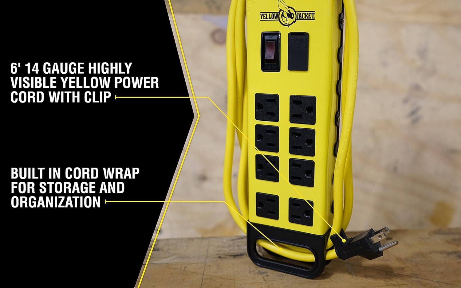 Southwire Yellow Jacket Power Block - Regleta de metal de alta resistencia de 8 tomas - Puertos USB duales para carga rápida - Diseño resistente para taller - Cable amarillo de 6 pies - Construcción duradera de calibre 14 - imagen 4