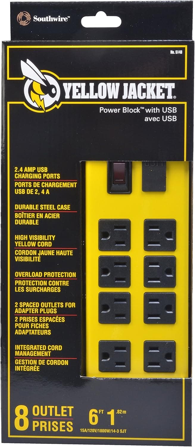 Southwire Yellow Jacket Power Block - Regleta de metal de alta resistencia de 8 tomas - Puertos USB duales para carga rápida - Diseño resistente para taller - Cable amarillo de 6 pies - Construcción duradera de calibre 14 - vista alternativa