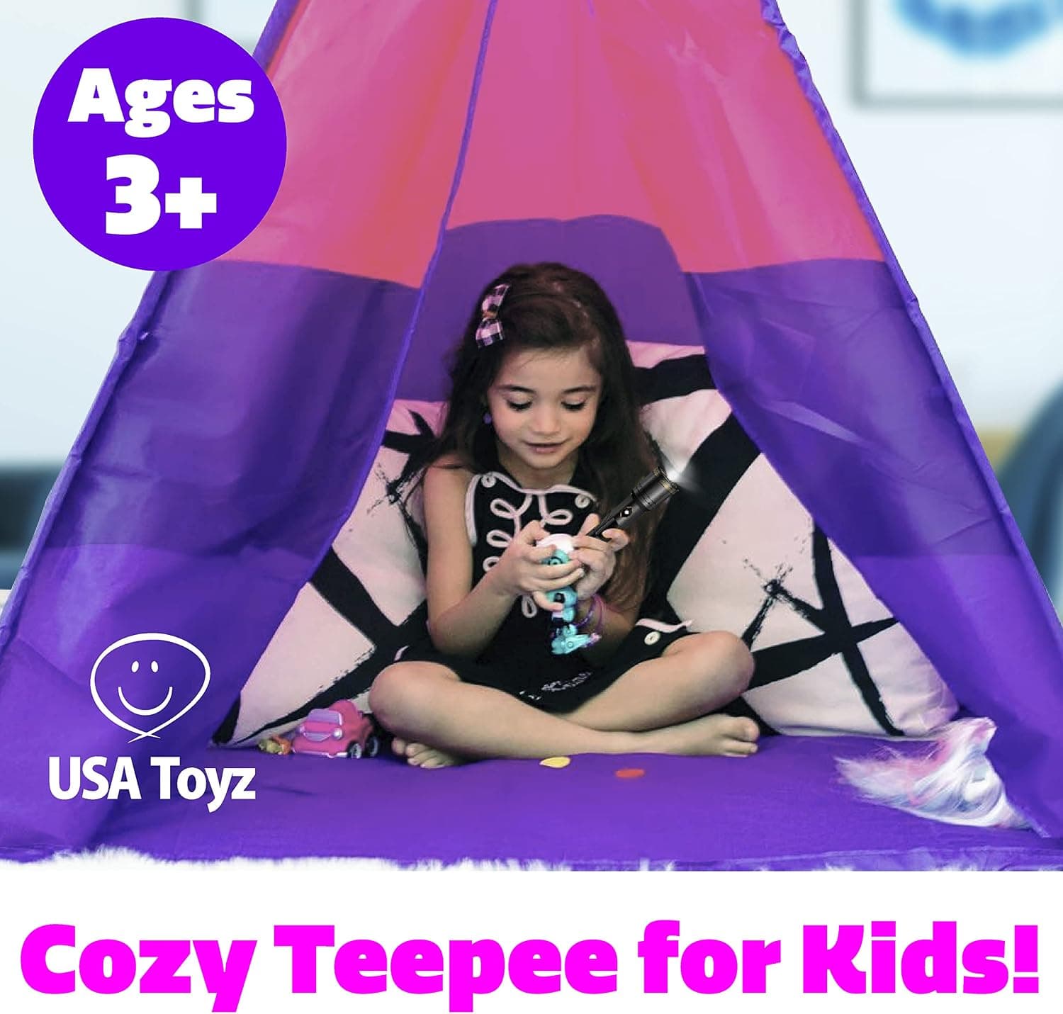 USA Toyz Happy Hut Teepee Tent para Niños - Tiendas de Juego Pop Up Interiores para Niños, Niñas, Pequeños con Bolsa de Almacenamiento Portátil (Rosa) - imagen 3