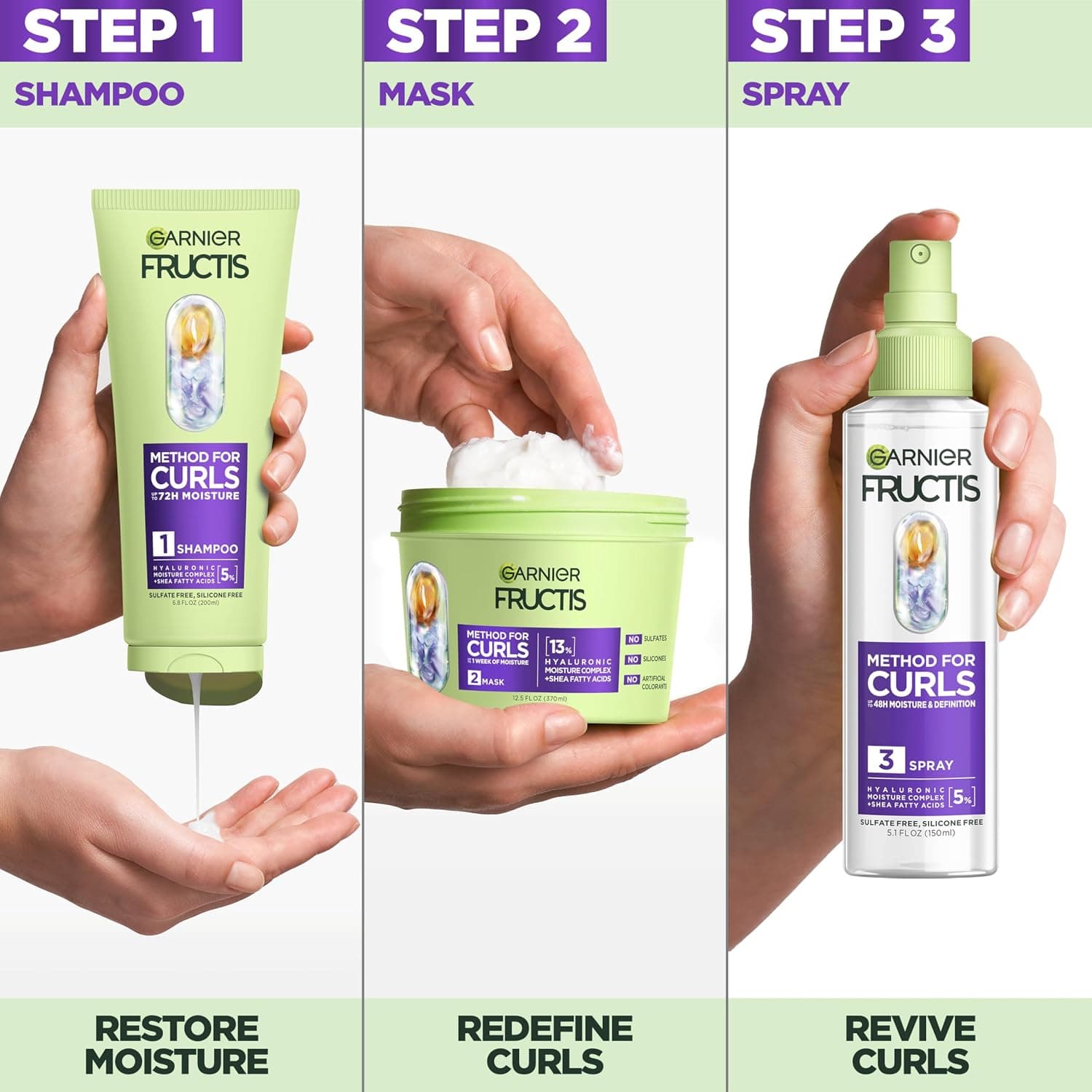Garnier Fructis Method for Curls Mascarilla Capilar Rellenadora de Humedad para Cabello Rizado con hasta 13% de Complejo de Hialurónico, Diseñada y Probada para Rizos y Espirales 2C a 4C, 12.5 fl oz - imagen 2
