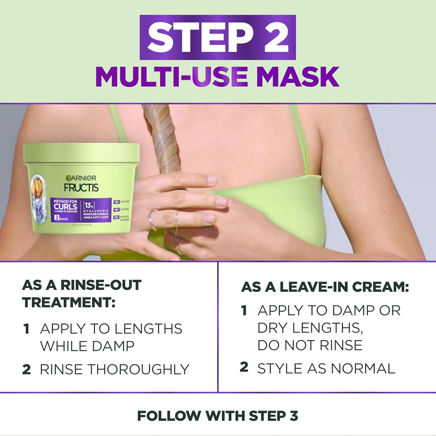 Garnier Fructis Method for Curls Mascarilla Capilar Rellenadora de Humedad para Cabello Rizado con hasta 13% de Complejo de Hialurónico, Diseñada y Probada para Rizos y Espirales 2C a 4C, 12.5 fl oz - imagen 4