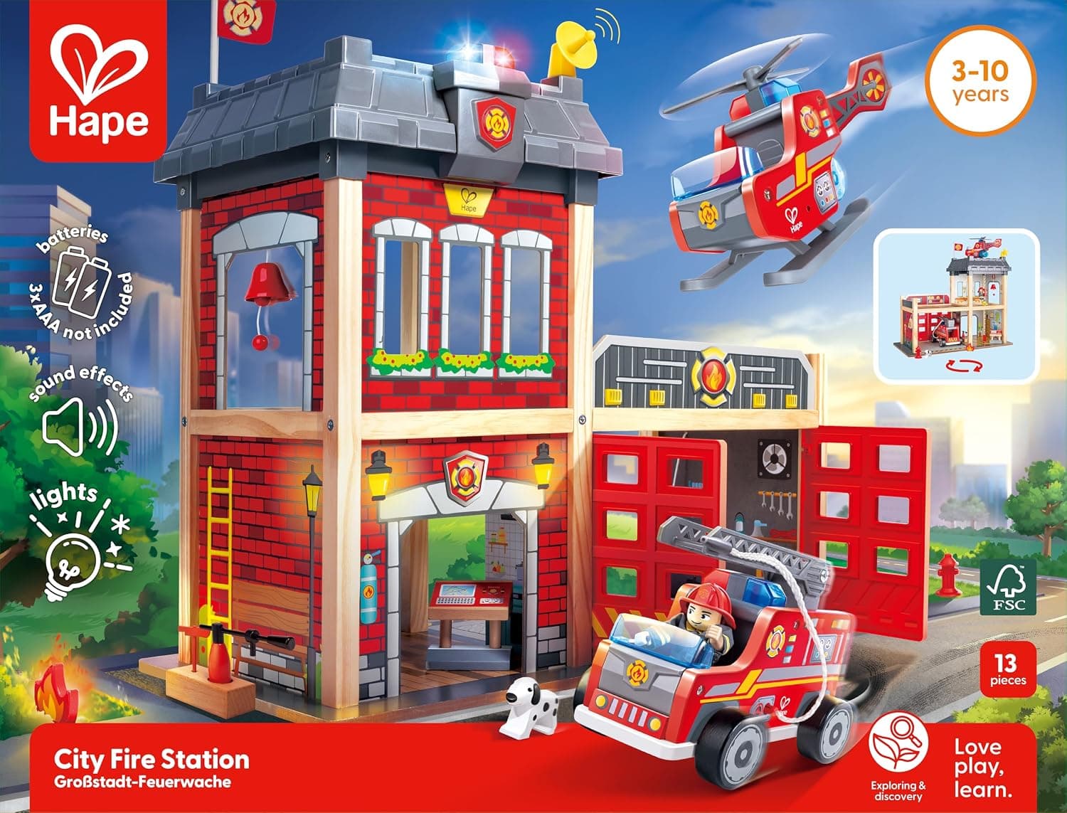 Hape Fire Station Playset | Casa de muñecas de madera para niños, estimula habilidades motoras clave y promueve el juego en equipo - imagen 7