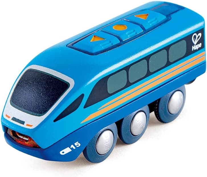 Tren de motor a control remoto Hape | Juguete de ferrocarril para niños, vehículo RC con aplicación o botón con 5 sonidos reproducibles, función de batería recargable, azul