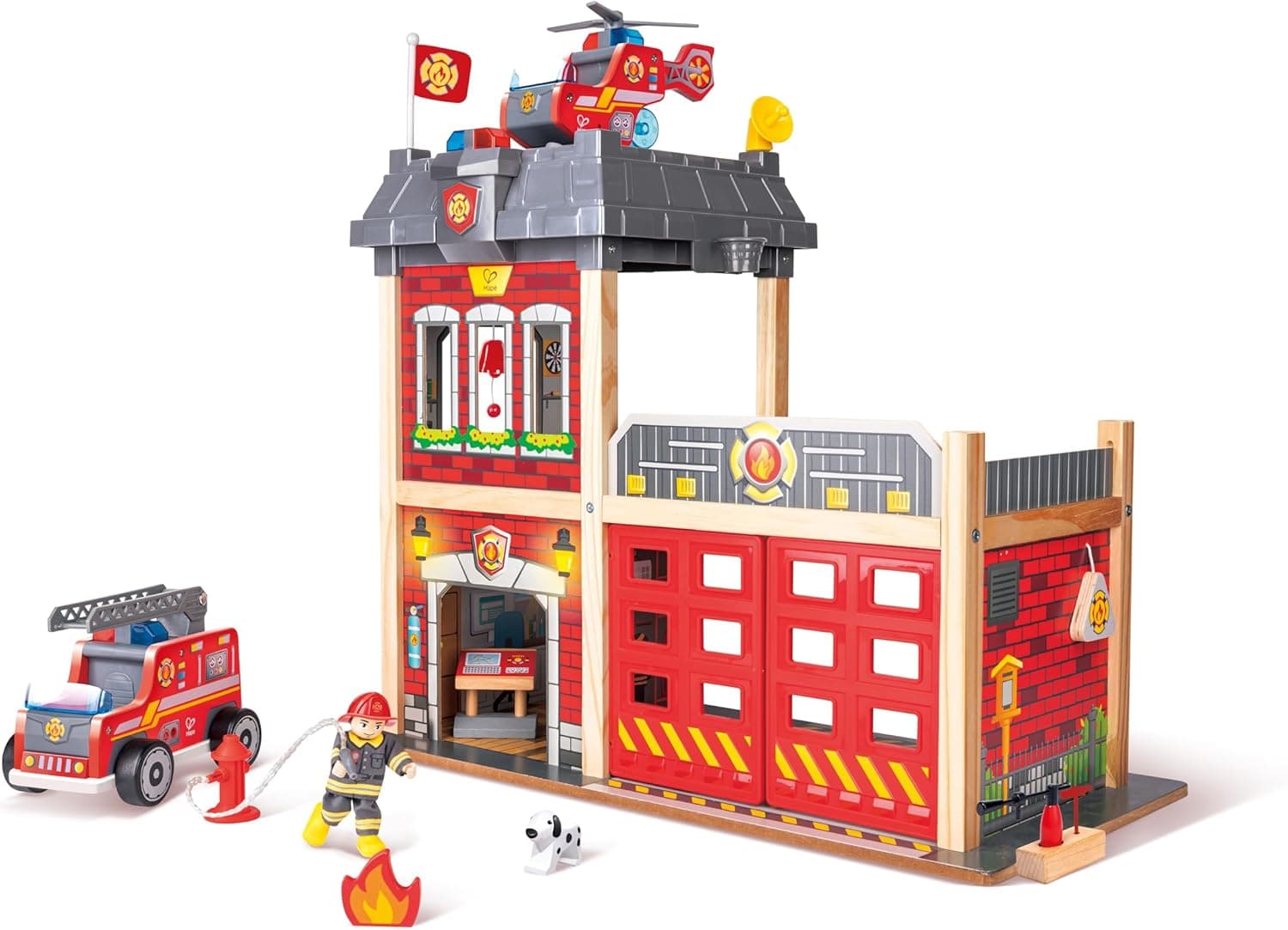 Hape Fire Station Playset | Casa de muñecas de madera para niños, estimula habilidades motoras clave y promueve el juego en equipo